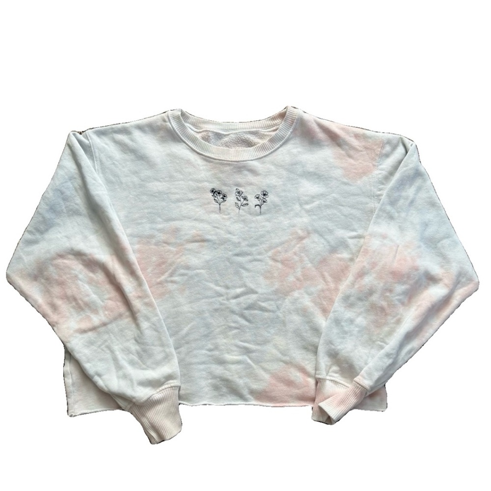 Floral Embroidered Tie-Dye Cropped Crewneck